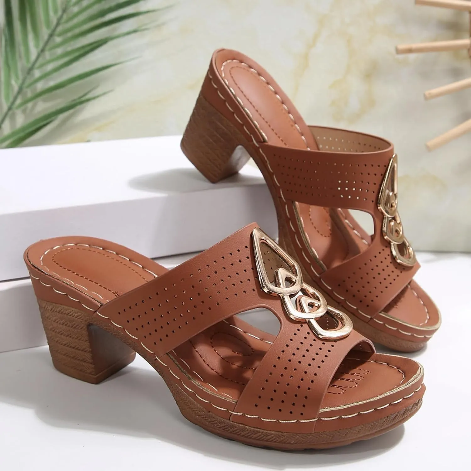 Chunky Heel Sandals for Women Comfortable Platform Wedge Sandals Summer Arch Support Walking Shoes Slip On Open Toe Shoe Bridal Party Wedding Shoes Dressy Orthopedic Sandal