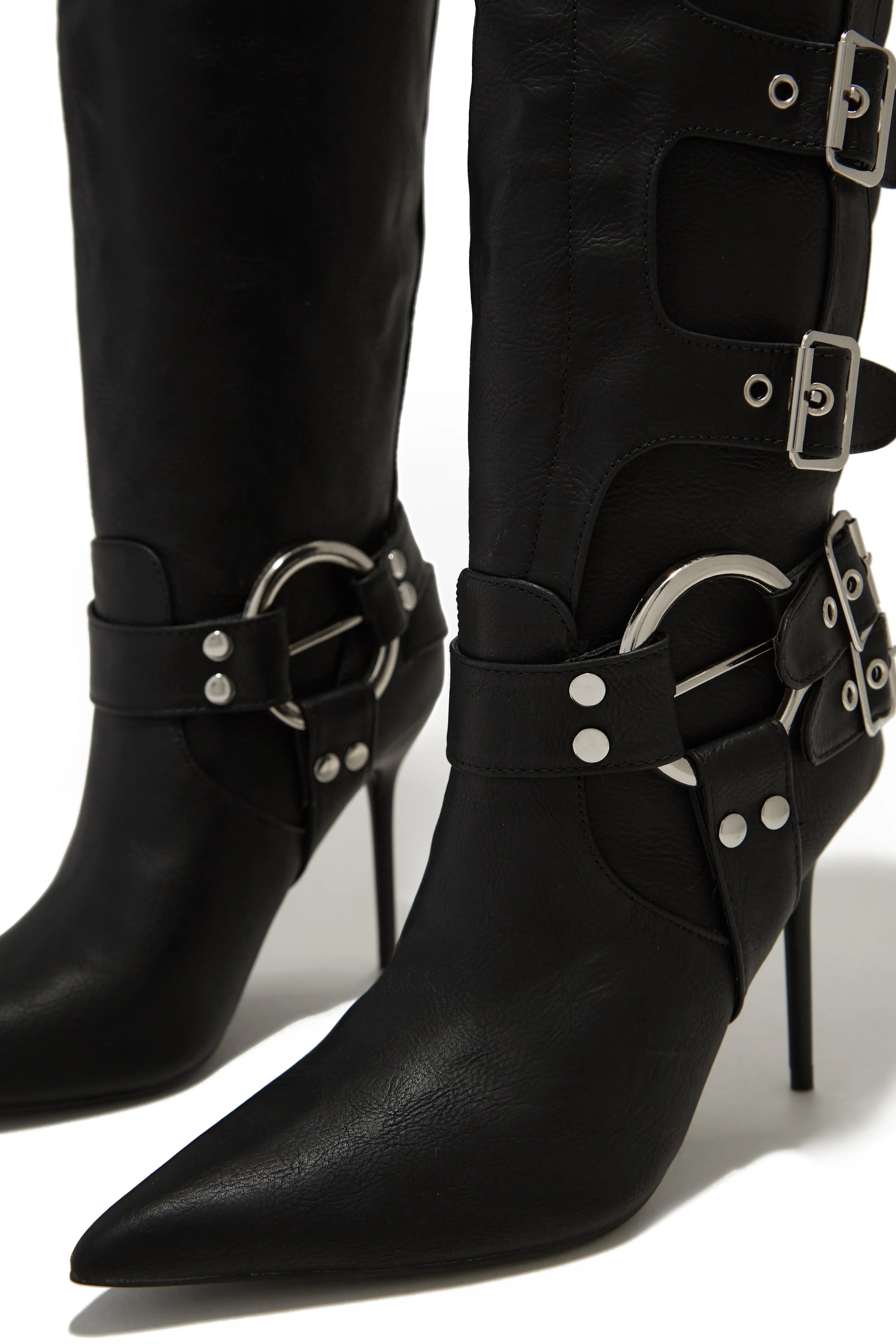 Kaycee Below The Knee High Heel Moto Boots - Black