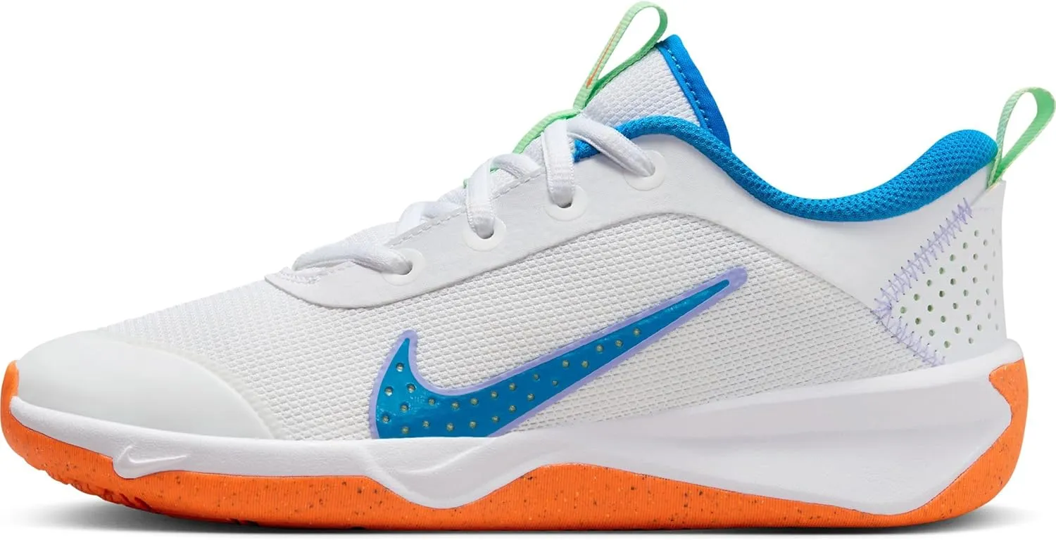 Nike Omni Multi-Court Big Kids' Indoor Court Shoes (DM9027-107, White/Vapor Green/Total Orange/Photo Blue) Size 5