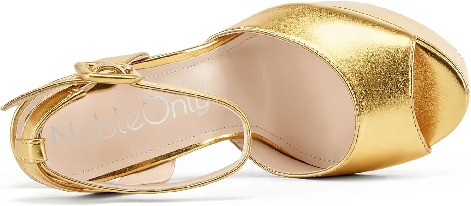 NobleOnly Platform Heels for Women Platform Sandals Chunky Heel Peep Open Toe Ankle Strap Sandals Wedding Party Prom Shoes 5.9 Inches Heels