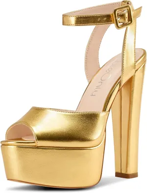 NobleOnly Platform Heels for Women Platform Sandals Chunky Heel Peep Open Toe Ankle Strap Sandals Wedding Party Prom Shoes 5.9 Inches Heels