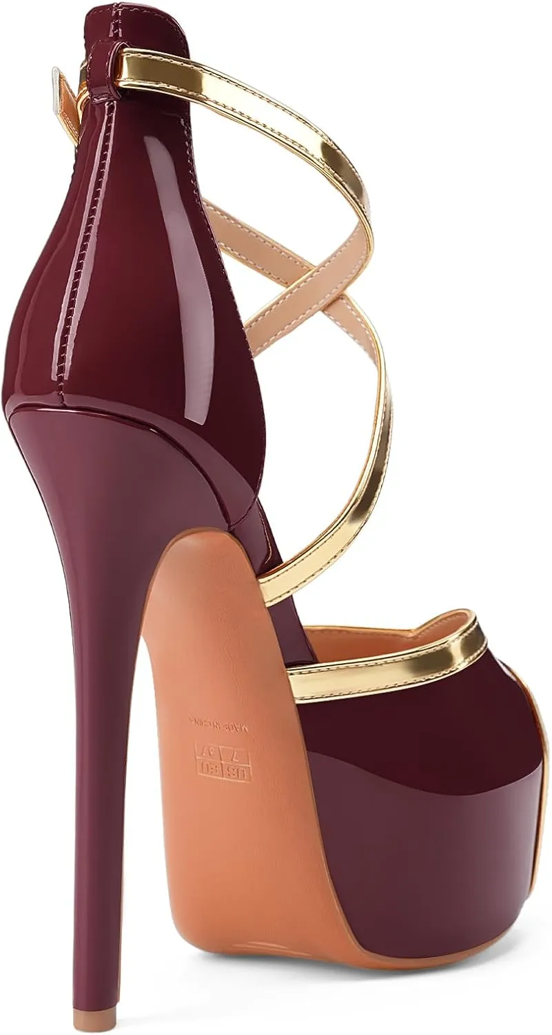 Oh Mispares Stiletto High Heel Sandals Platform Peep Toe Gold Crisscross Strappy Buckle Comfy 6 inch Heeled Spring Summer Sandals for Women Dressy