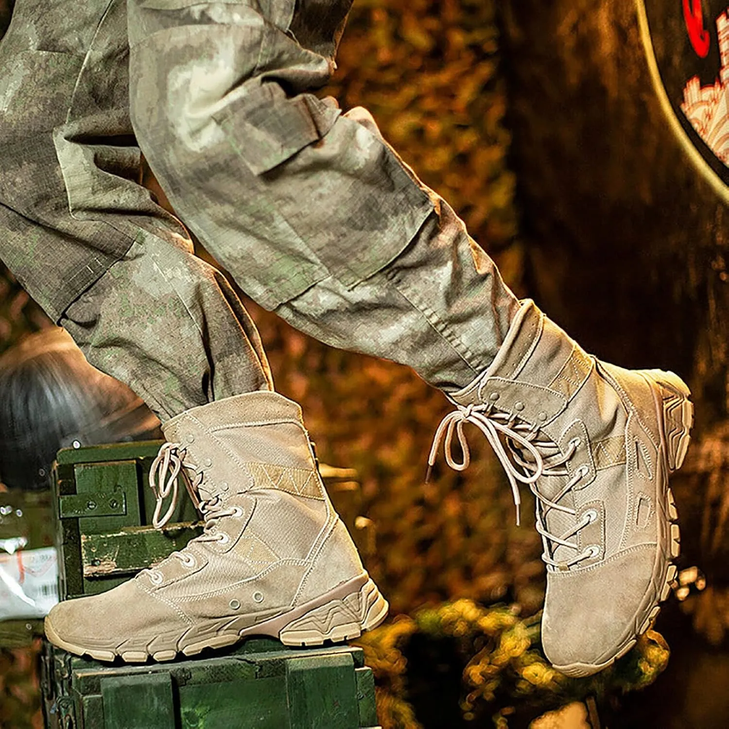 Tactical High-top Military Boots for Men, Breathable Wear-resistant Rubber Sole Desert Shoes, Comfortable Side Zipper for Quick on and off Hiking Shoes
