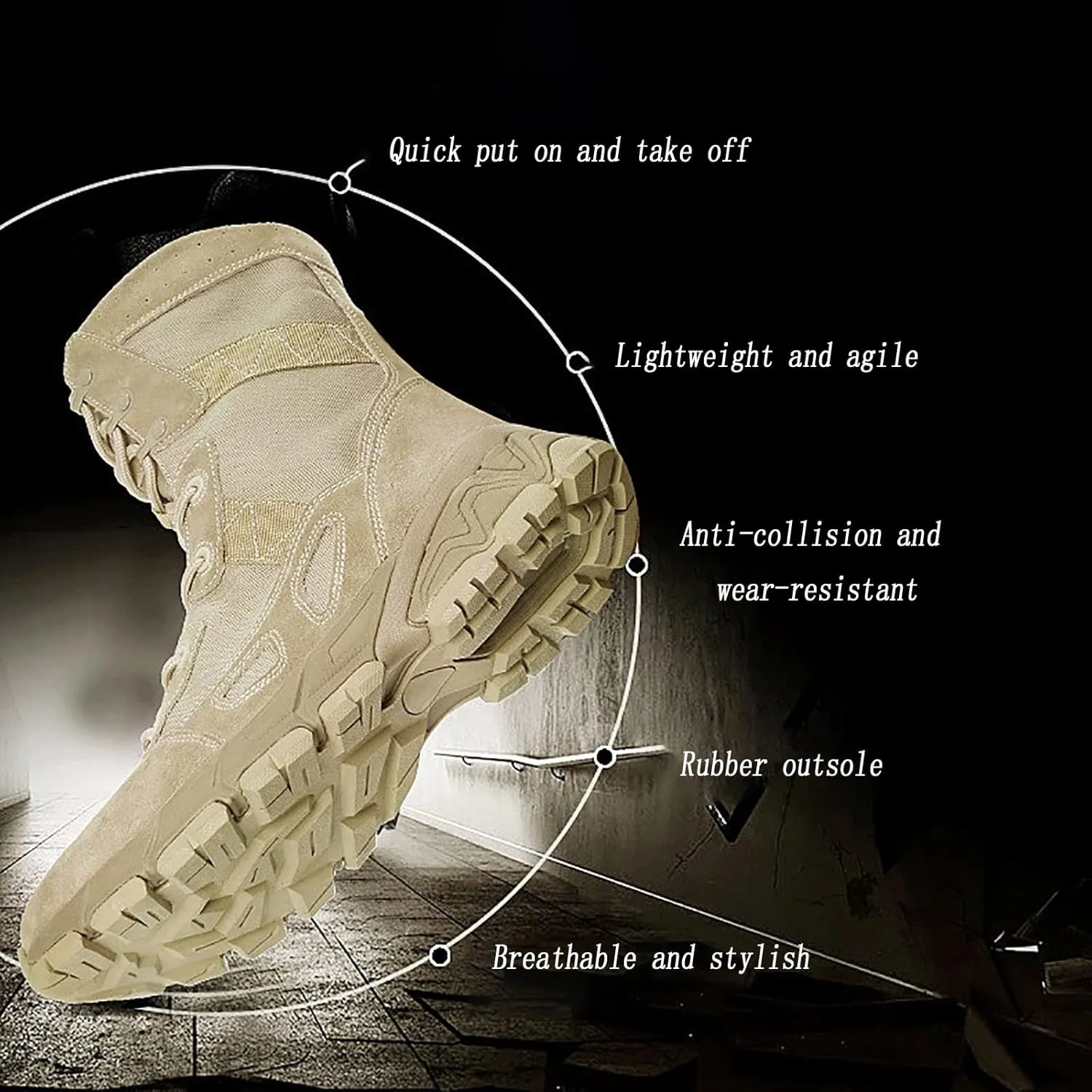 Tactical High-top Military Boots for Men, Breathable Wear-resistant Rubber Sole Desert Shoes, Comfortable Side Zipper for Quick on and off Hiking Shoes