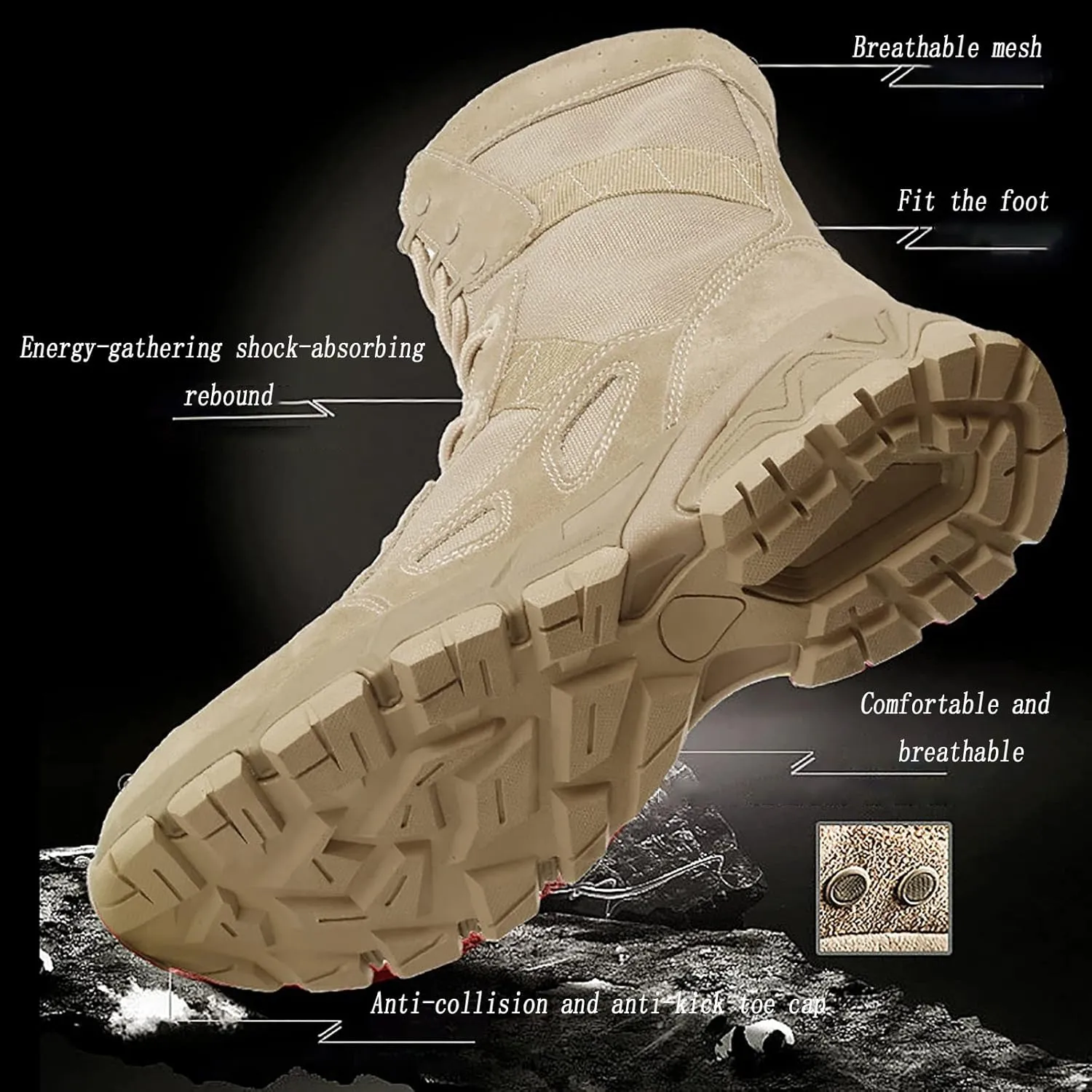 Tactical High-top Military Boots for Men, Breathable Wear-resistant Rubber Sole Desert Shoes, Comfortable Side Zipper for Quick on and off Hiking Shoes