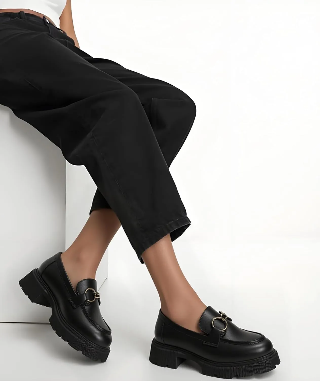 Women's Chunky Loafers Comfortable Slip-On Platform Casual Dressy Business Shoes