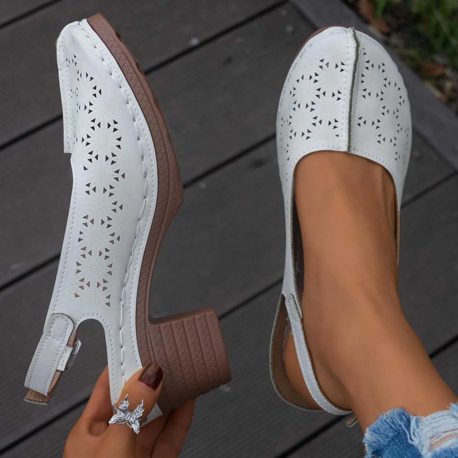 Women's Hollow Out Sandals Chunky Heel Sandals Wide Width Floral Cut Designed Comfortable Casual Shoes Adjustable Ankle Strap Wedge Sandal Anti Slip Beach Outdoor Shoes Summer Fashion Shoe