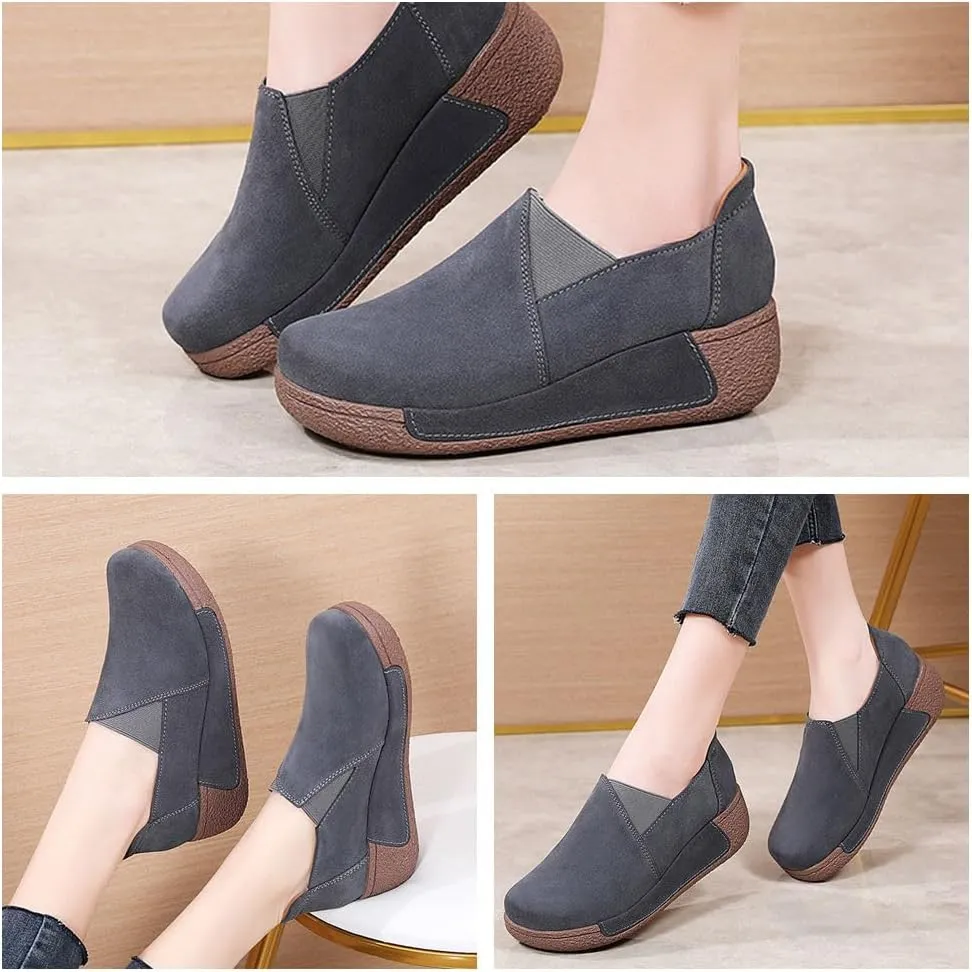 Women's Suede Wedge Loafers Slip-On,Lightweight Comfort Casual Anti-Slip Orthotic Wedge Fashion Sneakers, Non-Slip Increased Height